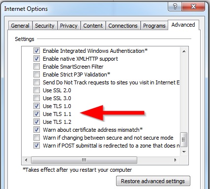 View of TLS 1.1 and TLS 1.2 settings inside the "Internet Properties" section of Internet Explorer (IE)