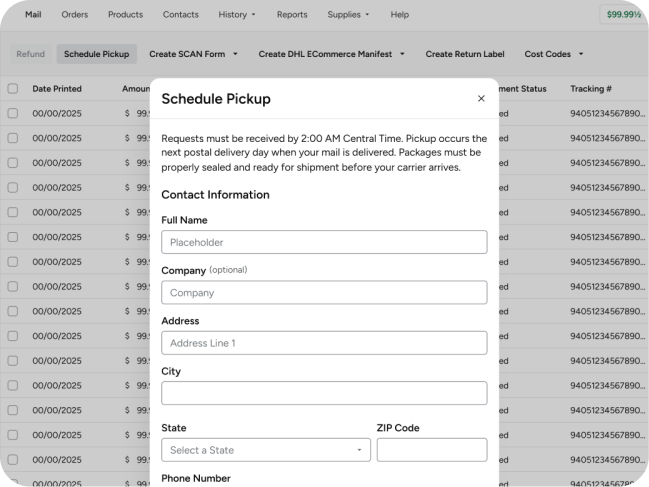 Scheduling picups user interface